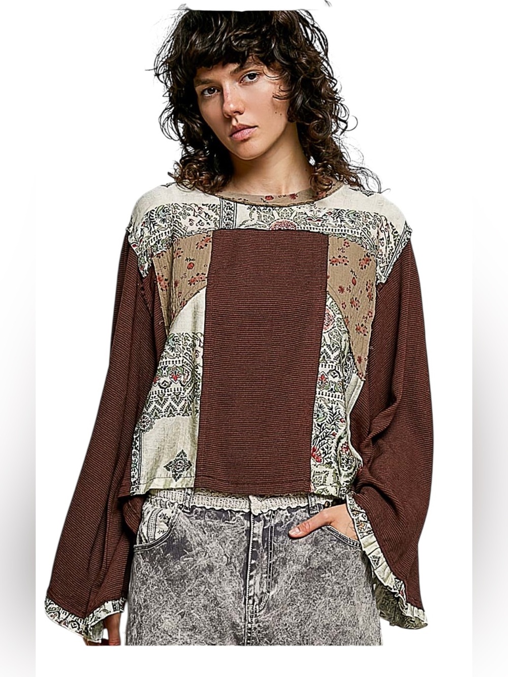POL Mocha Brown Print Round Neck Long Bell sleeves patchwork Top